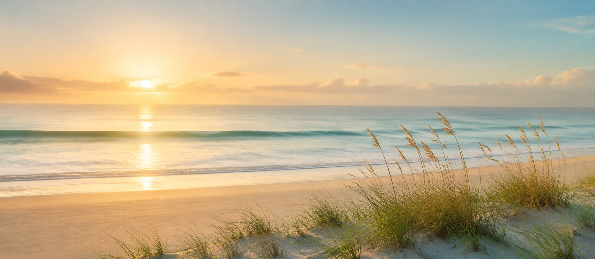 A peaceful sunrise over the ocean, with a gentle wave and sea oats along a sandy dune